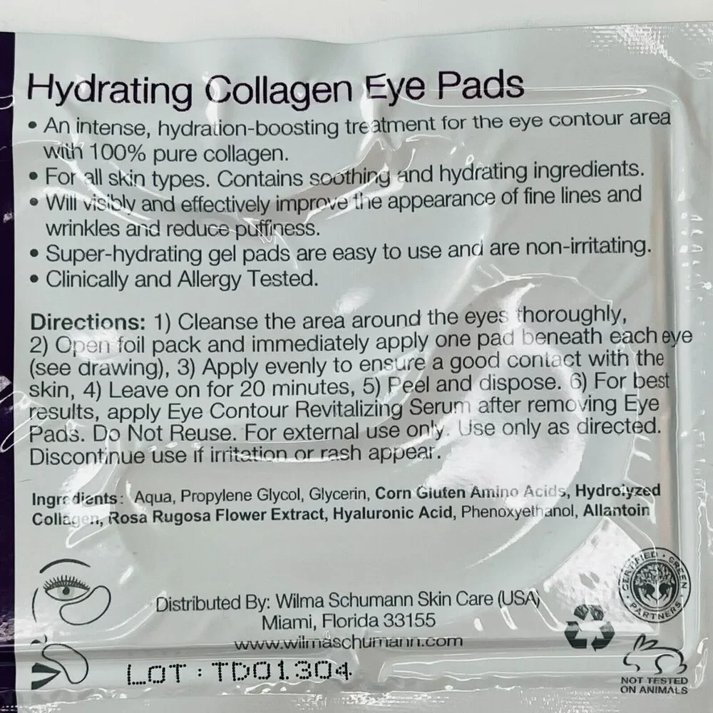 Wilma Schumann European Hydrating Collagen Eye Pads Mask Puffiness 2 ct. New